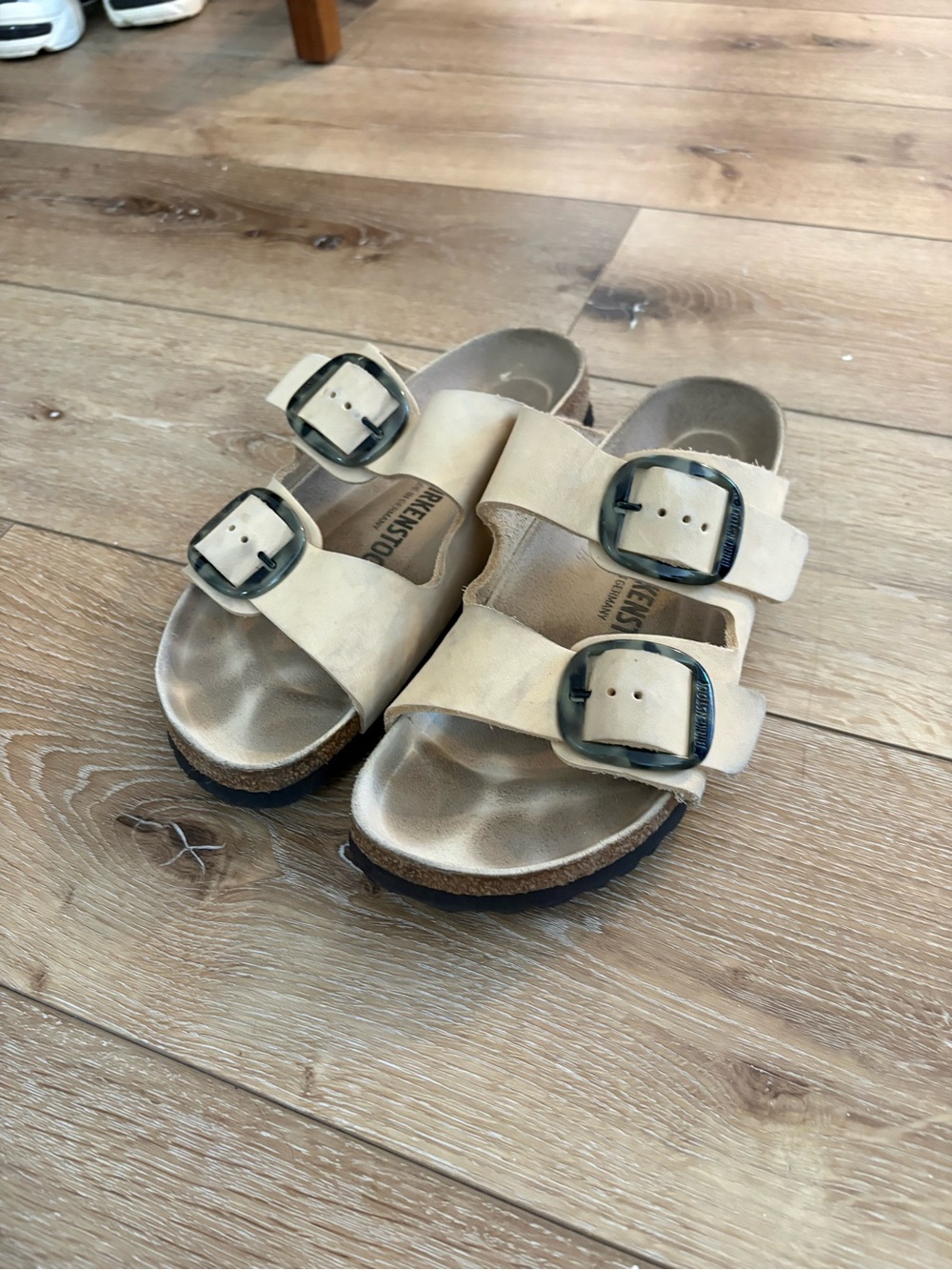 Birkenstock Arizona Two-Strap Sandal - Light Beige with tortoise shell Buckles